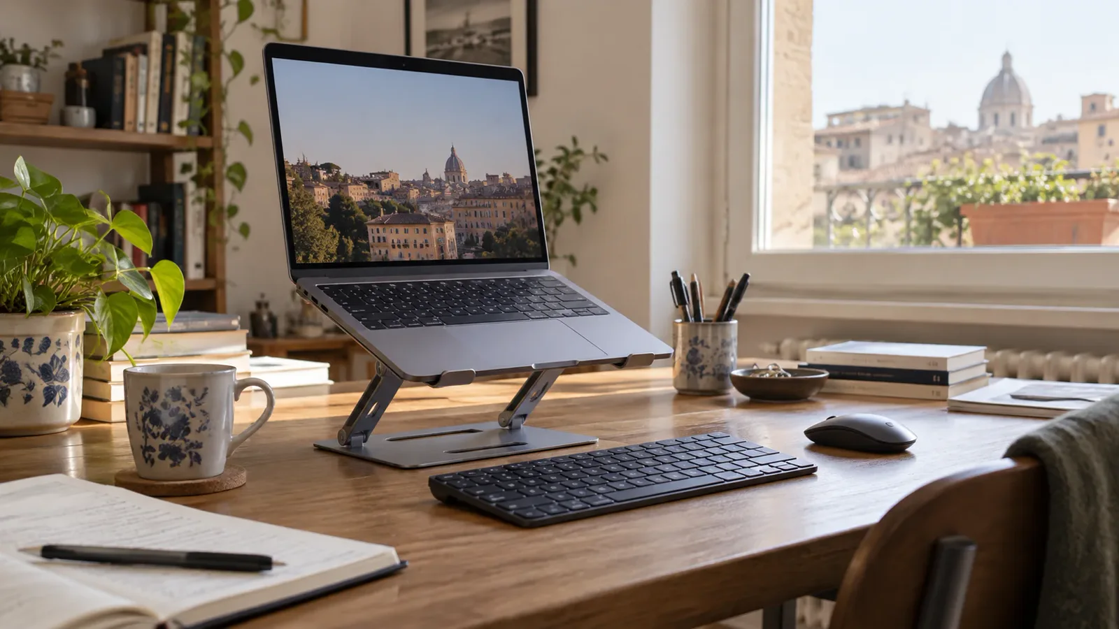 Laptop su un supporto regolabile con tastiera e mouse separati su una scrivania domestica.