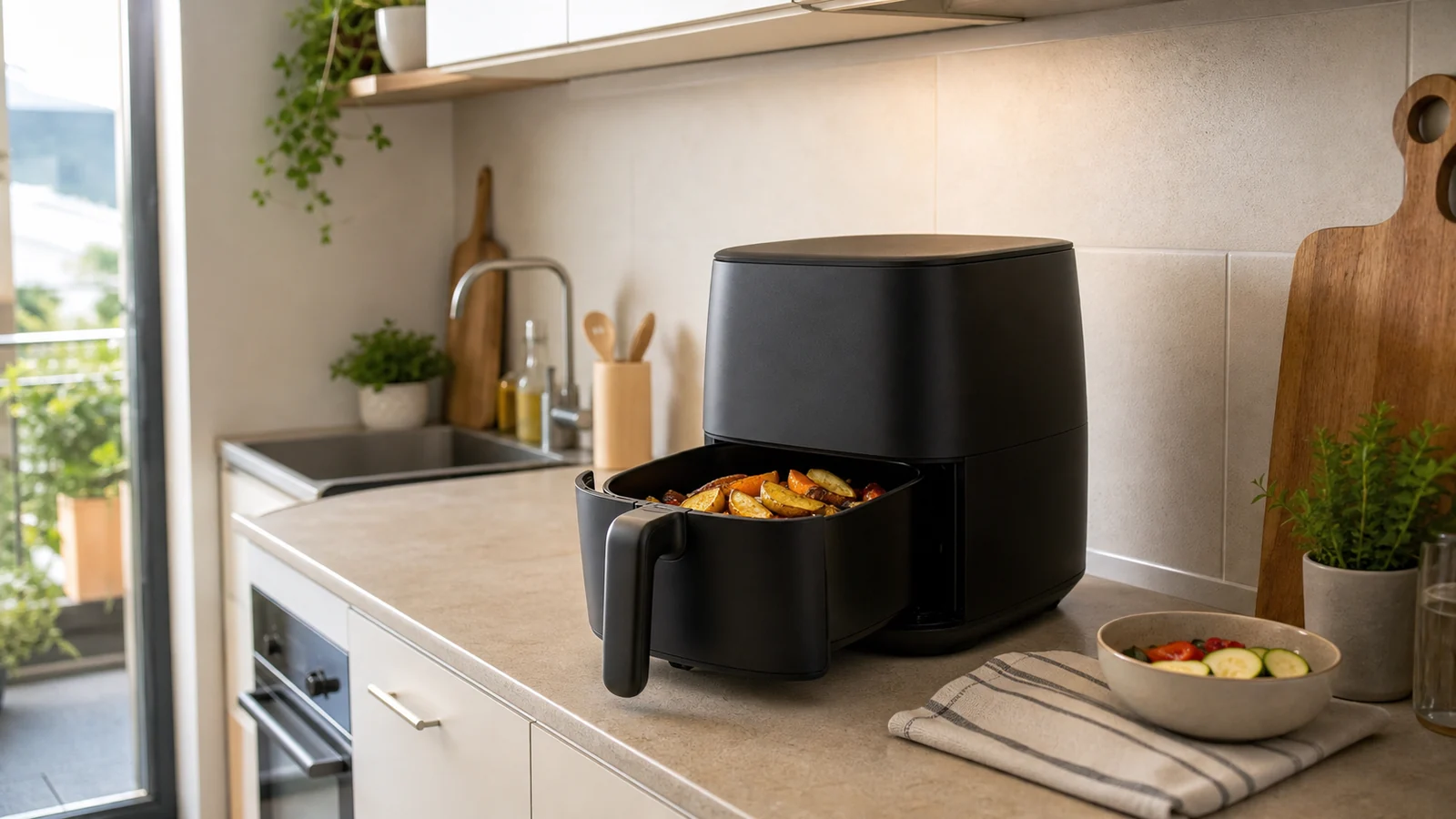 Friggitrice ad aria su un piano cucina con cestello aperto e spazio libero intorno