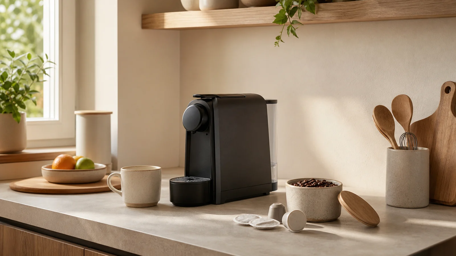 Angolo caffè domestico con macchina compatta, tazza e spazio libero sul piano cucina