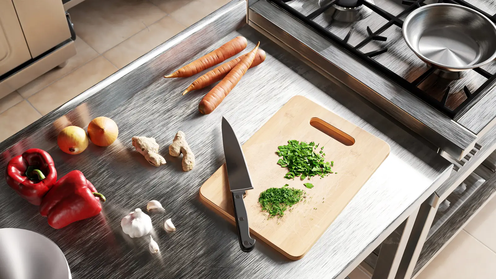Ingredienti e utensili disposti sul piano cucina prima di preparare porzioni da confrontare.