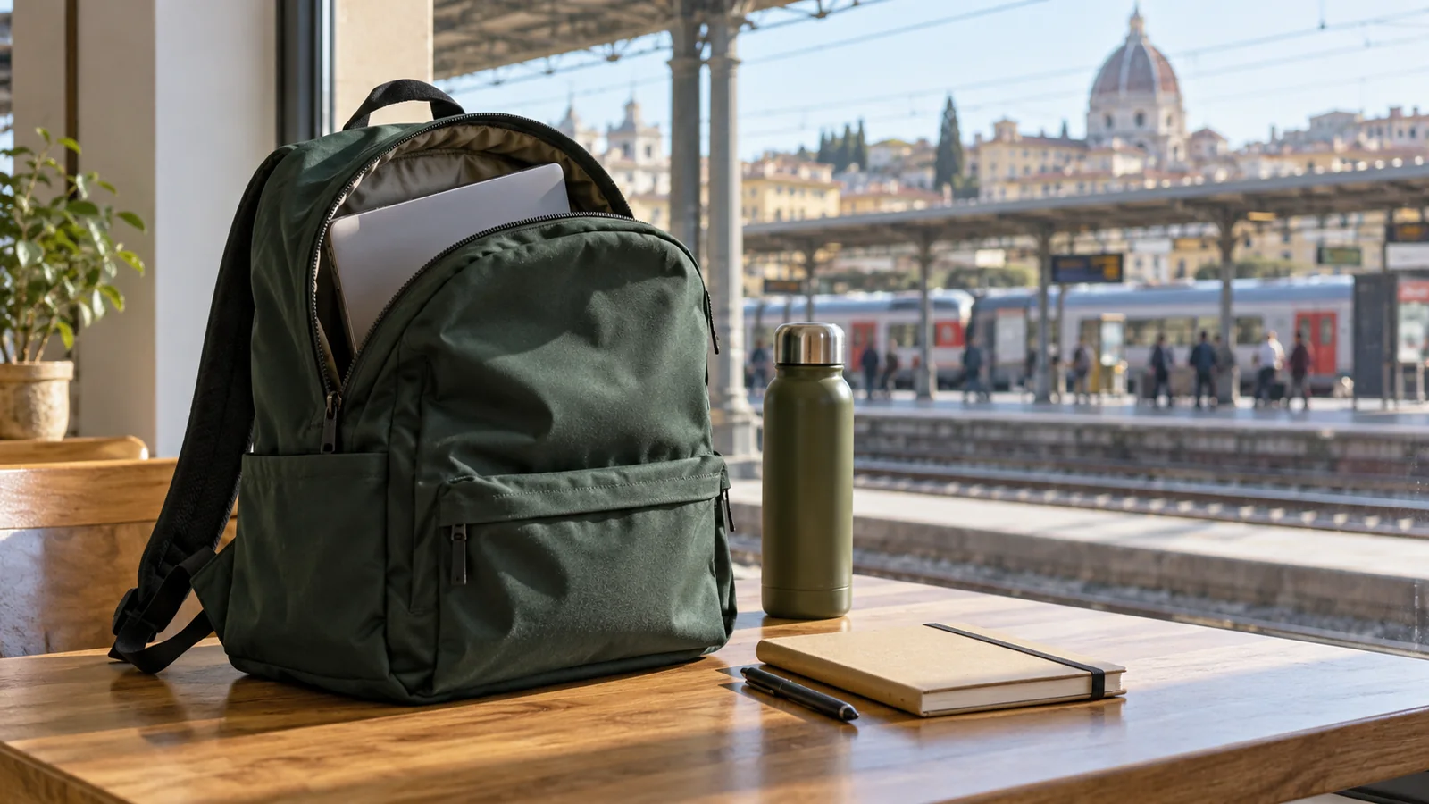 Zaino neutro con laptop accanto a un taccuino, vicino alla finestra di una stazione ferroviaria.