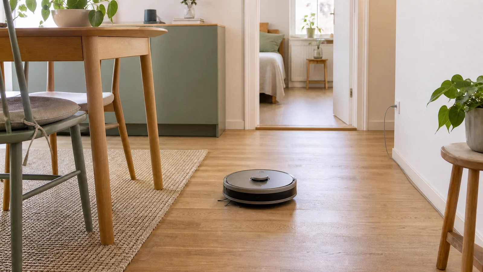 Robot aspirapolvere neutro su un pavimento di appartamento con tappeto, sedie e soglia tra le stanze.